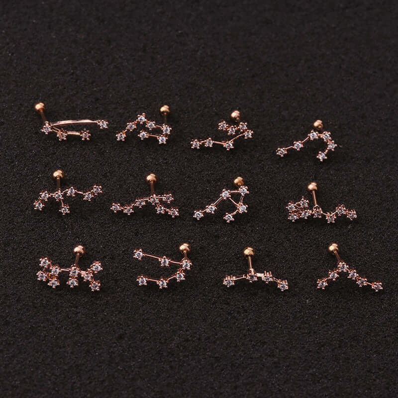 20G Surgical Steel Zodiac Cartilage Stud Earrings in Rose Gold with CZ, Hypoallergenic Helix and Daith Earrings on Black Background