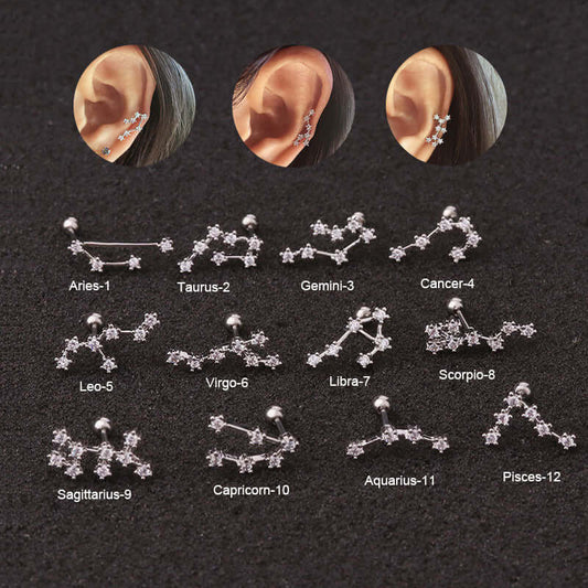 Variety of 20G surgical steel zodiac cartilage stud earrings displayed with ear close-ups | HSPJ19101-1