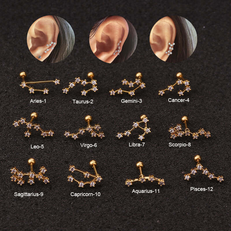 Zodiac cartilage earrings in various constellation designs for Aries, Taurus, Gemini, Cancer, Leo, Virgo, Libra, Scorpio, Sagittarius, Capricorn, Aquarius, and Pisces.