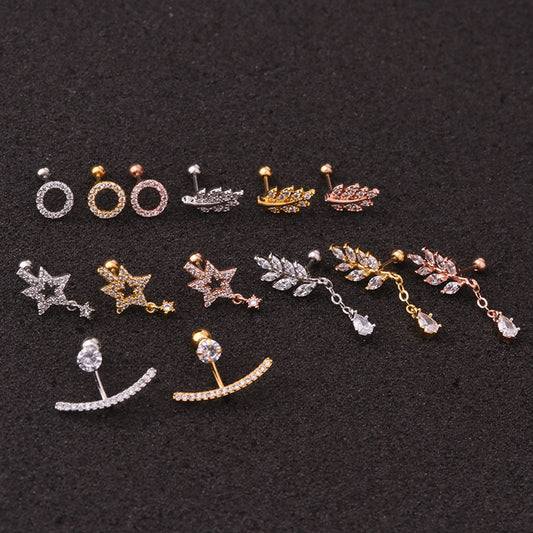 cartilage earrings, piercing jewelry, cartilage piercing, body jewelry, helix piercing, helix earrings, tragus piercing, star earrings, leaf earrings