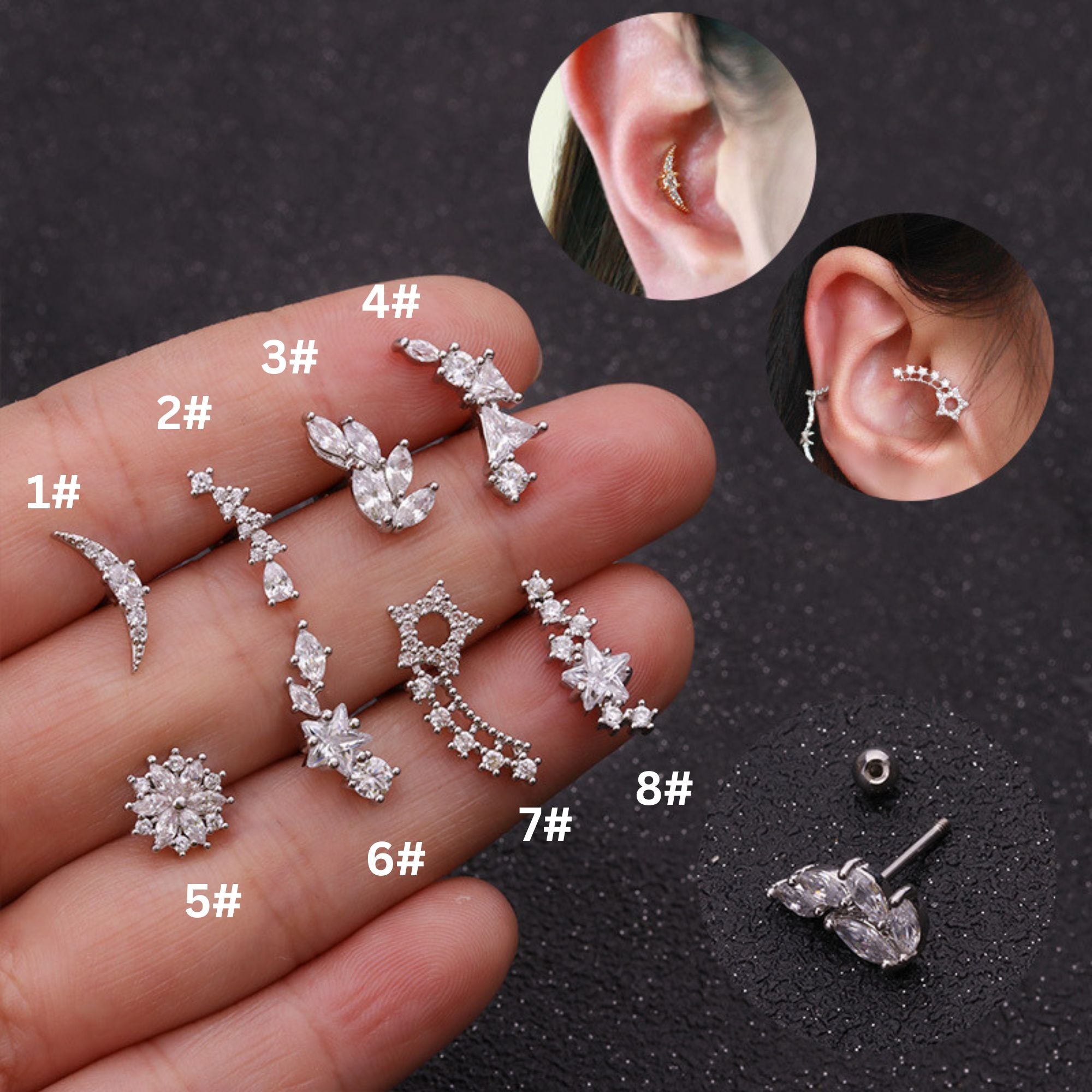 20G Crescent Moon and Star Stud Daith Helix Earrings