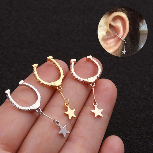 18K Gold No Pierce Ear Cuff, Star Ear Cuff,  Celestial Hoop Earrings | HSPJ1956