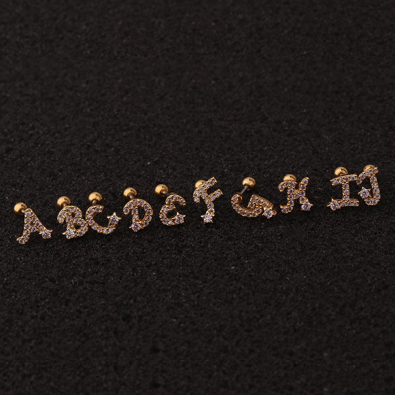 cartilage earrings, piercing jewelry, cartilage piercing, body jewelry, helix piercing, helix earrings, tragus piercing, alphabet earrings