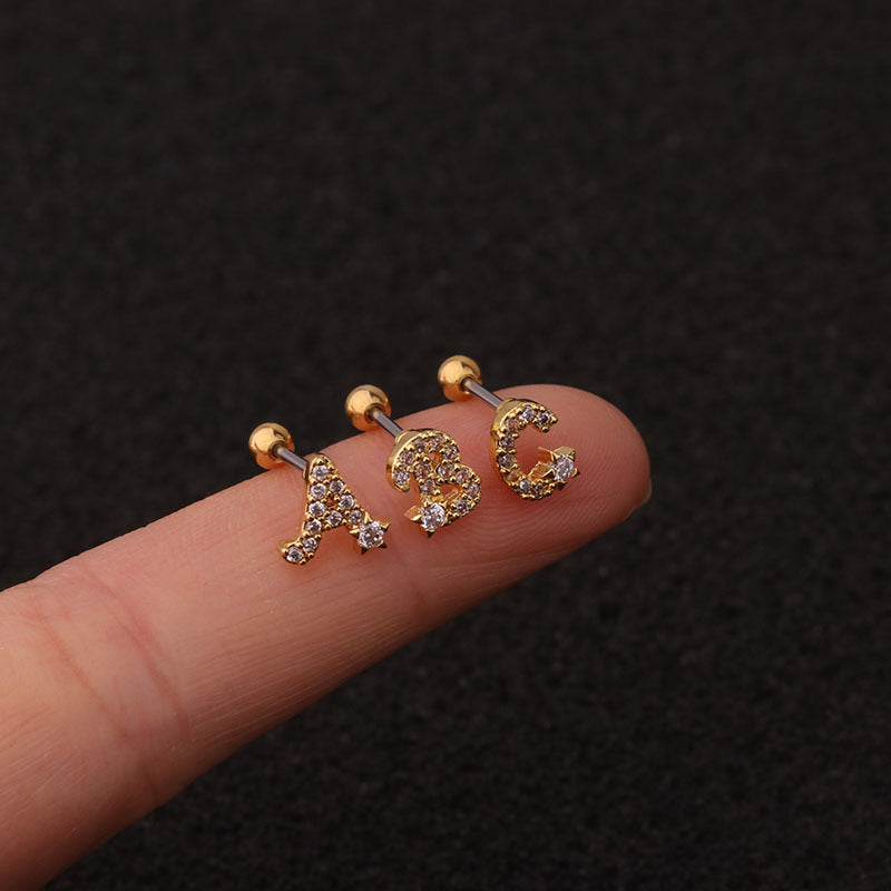 cartilage earrings, piercing jewelry, cartilage piercing, body jewelry, helix piercing, helix earrings, tragus piercing, alphabet earrings