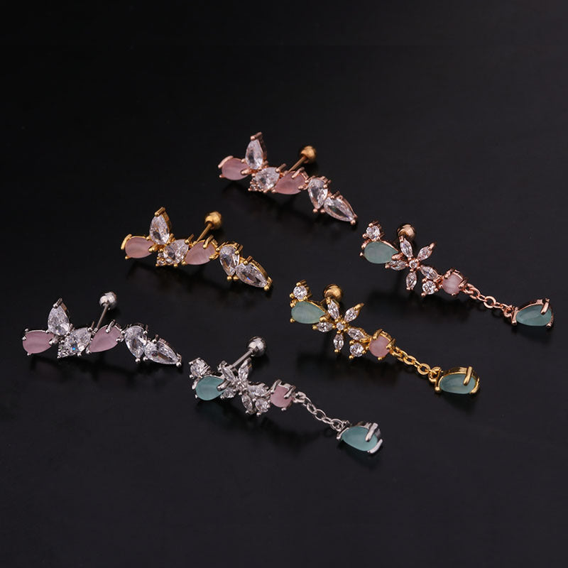 20G cartilage dangle stud earrings in silver, gold, and rose gold with floral patterns and CZ stones, suitable for helix and daith piercings