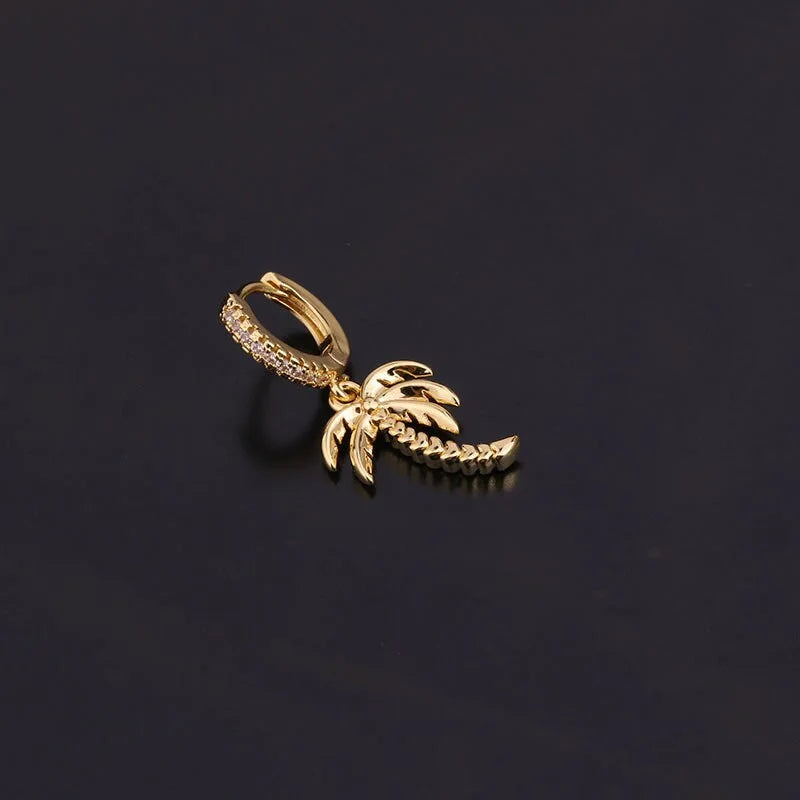 18K Gold Palm Tree Huggies Earring Hoop