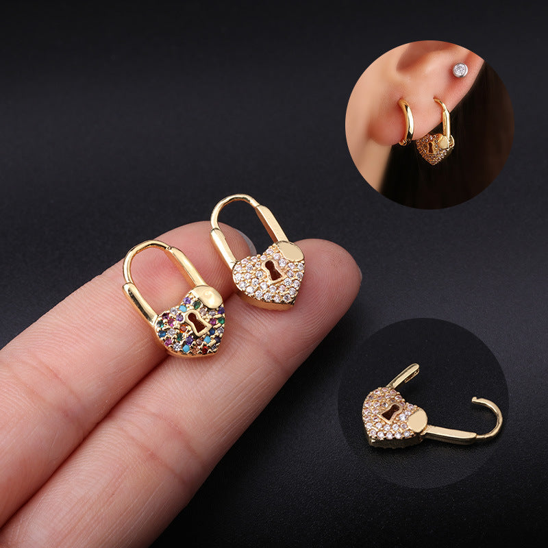 18K Gold Lock Huggies Heart Earrings 