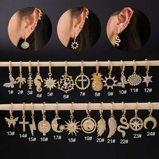 18K Gold Boho Dangle Hoop Earrings,Clip on Earrings,Celestial Earrings | HSPJ337