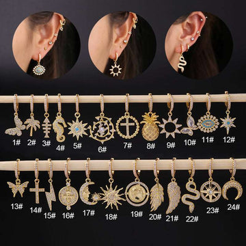 18K Gold Boho Dangle Hoop Earrings,Clip on Earrings,Celestial Earrings | HSPJ337