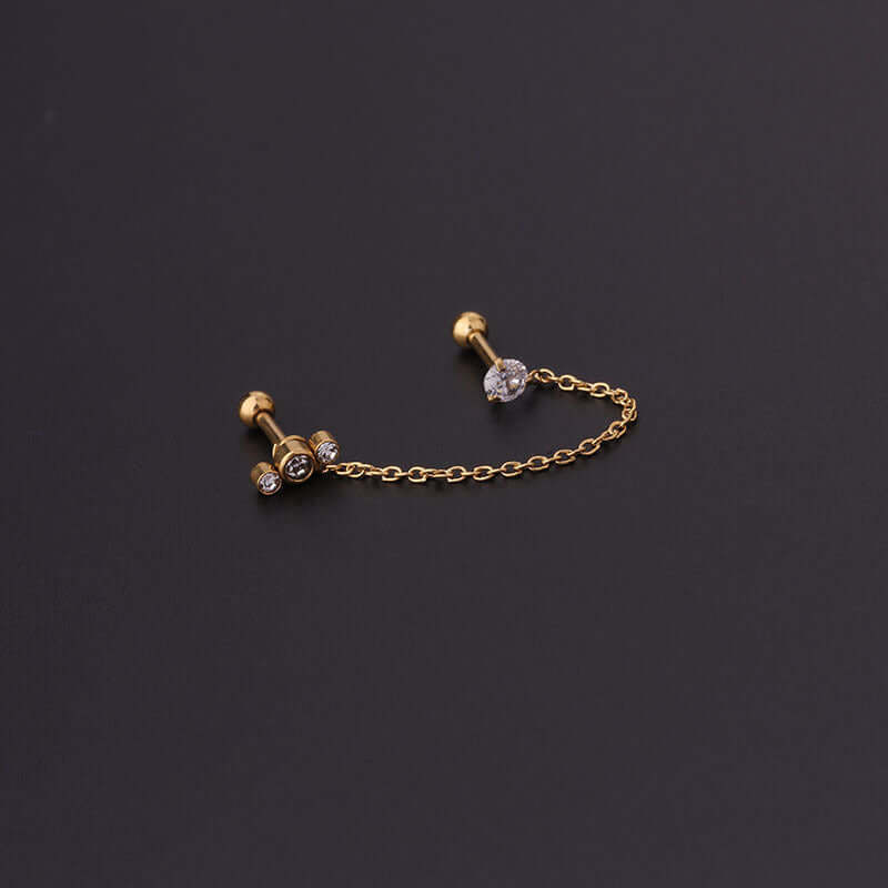 16G gold cartilage link chain dangle earring with CZ stones for helix or daith piercings