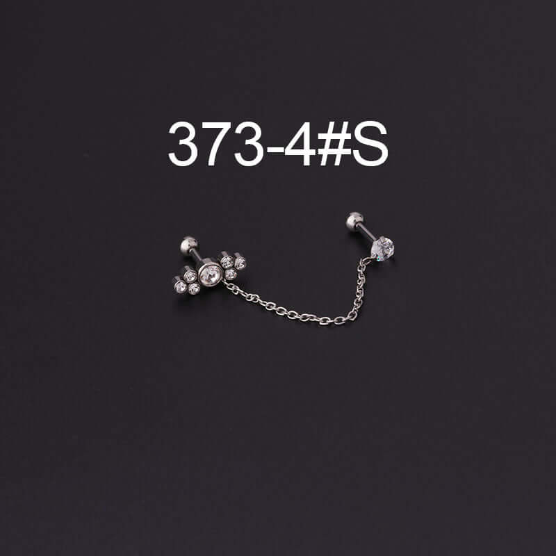 Silver 16G cartilage link chain dangle earring with cubic zirconia, model 373-4#S. Ideal for cartilage, helix, and daith piercings.