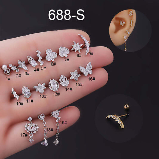 Variety of 20G cartilage daith and helix stud earrings in silver designs with numbers for pattern selection and close-up of ear piercings.