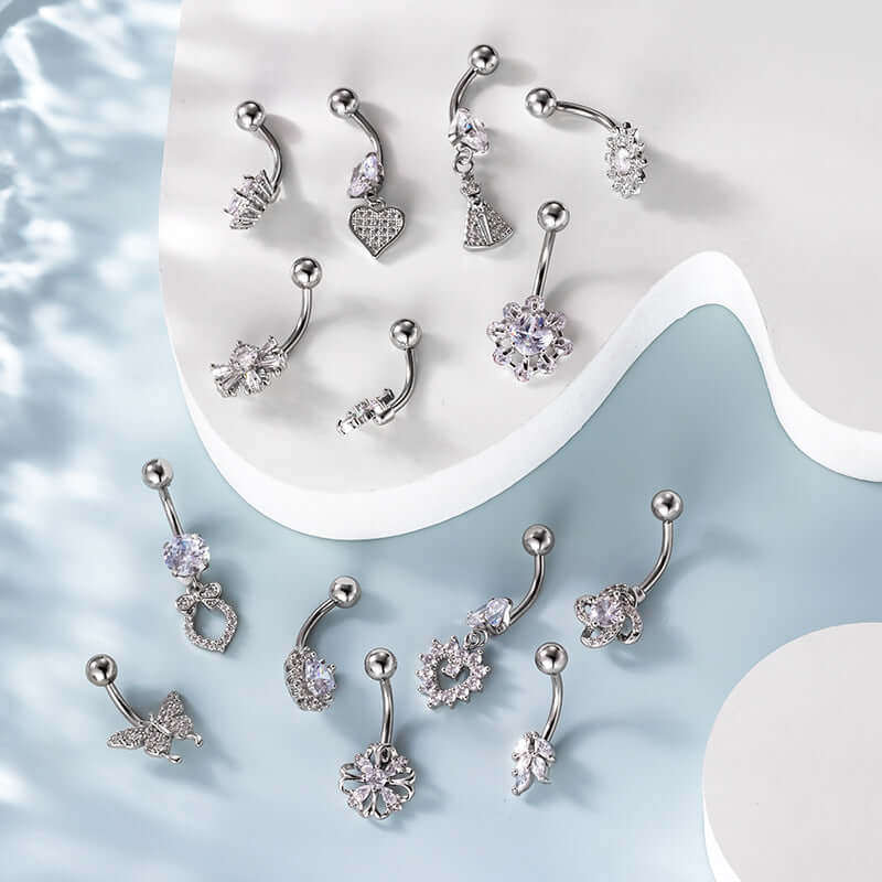 Top Mount Flower Heart Silver Dangle Belly Button Rings