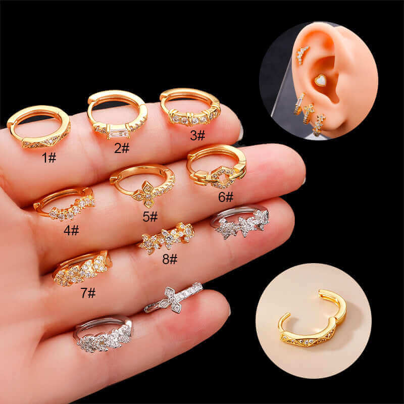 Gold and silver cartilage hoop huggie earrings, #1-8 patterns, displayed on hand with close-up of cross helix earring on ear.