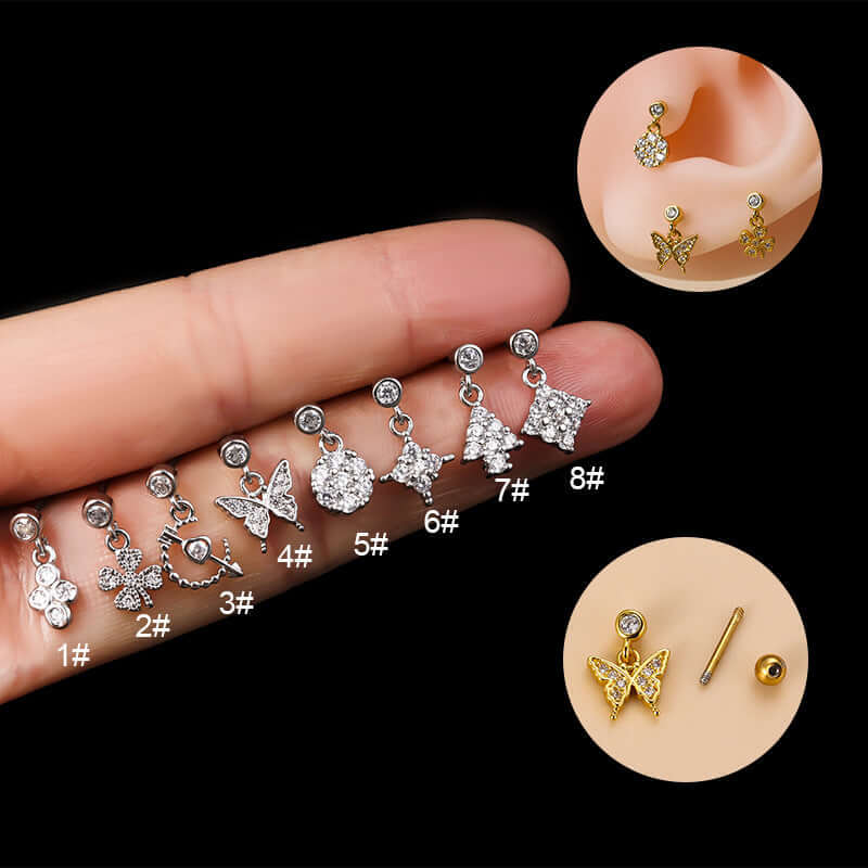 20G Cartilage Surgical Steel Dangle Stud Earrings Four Leaf Clover Conch Earrings | HSPJ839