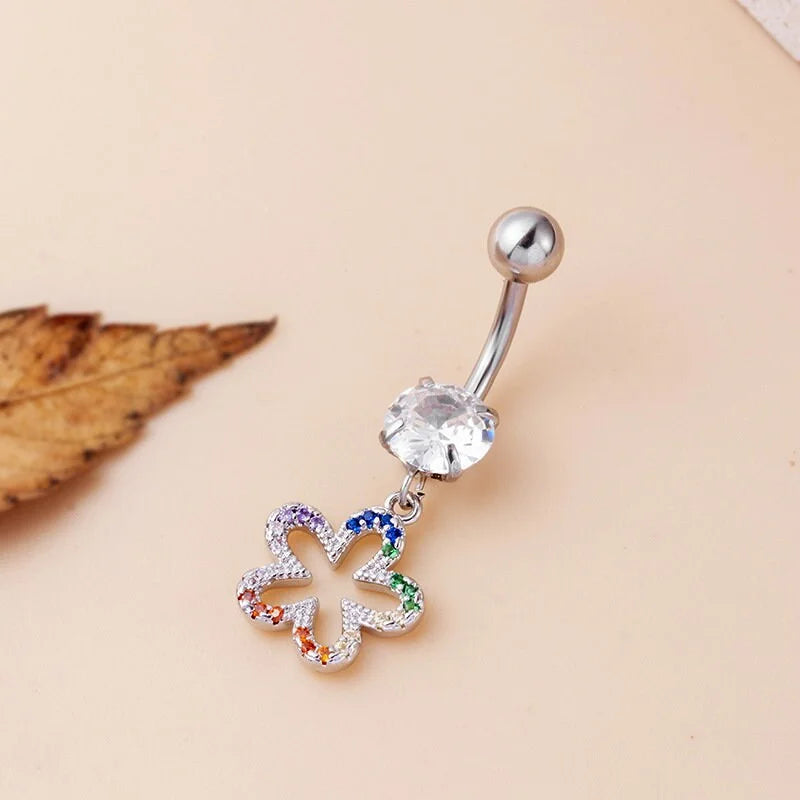 14G Surgical Steel Navel Ring, Flower CZ Belly Button Piercing