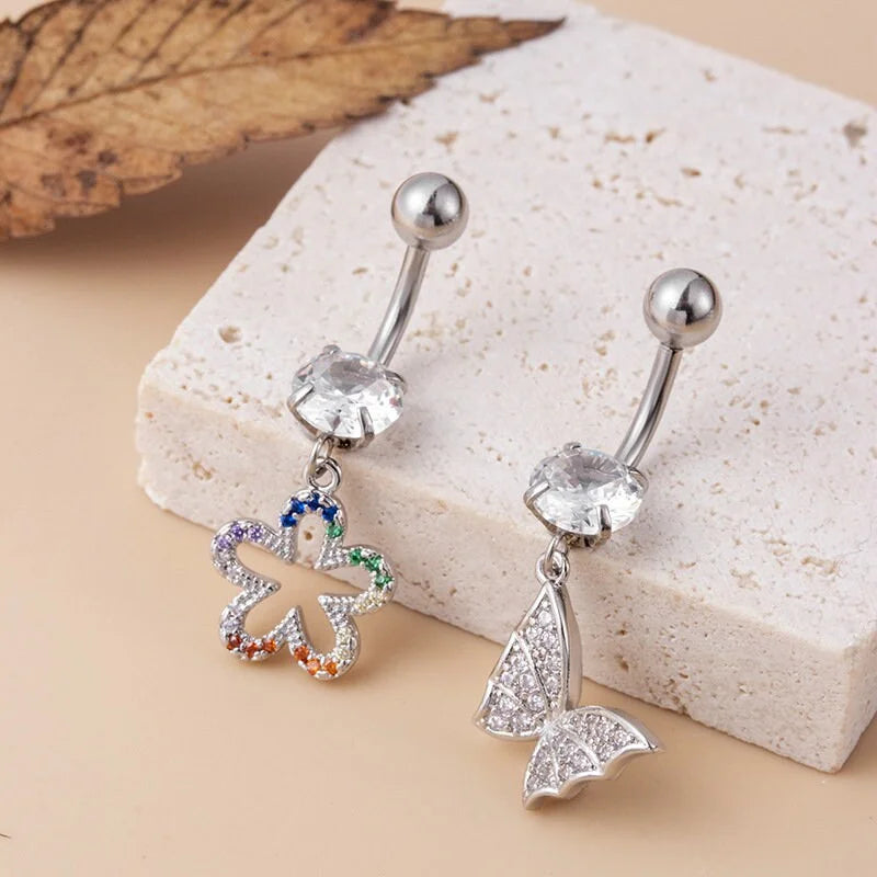 14G Surgical Steel Navel Ring, Flower CZ Belly Button Piercing