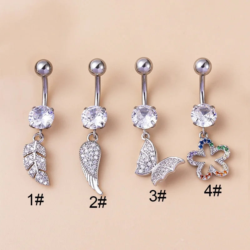 14G Surgical Steel Navel Ring, Flower CZ Belly Button Piercing