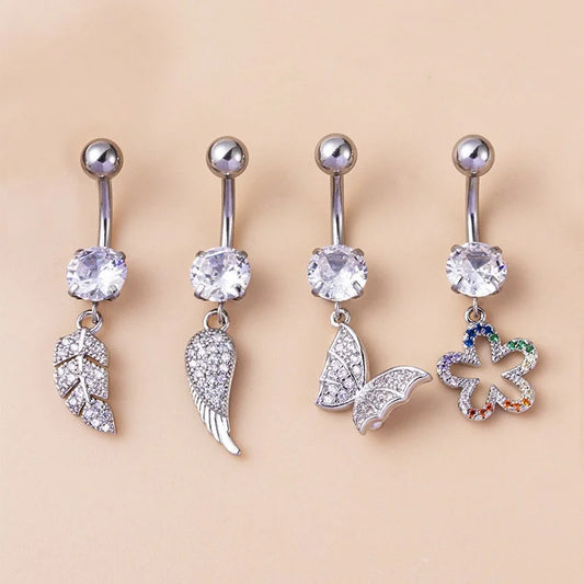 14G Surgical Steel Navel Ring, Flower CZ Belly Button Piercing