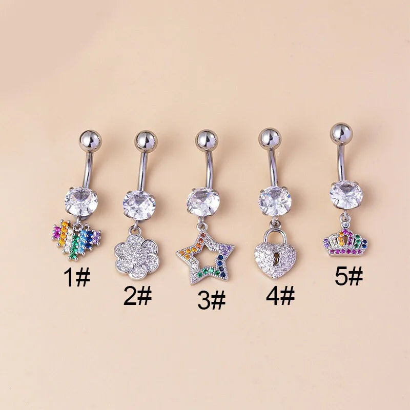 14G Surgical Steel Dangle Navel Ring, Heart Belly Button Ring