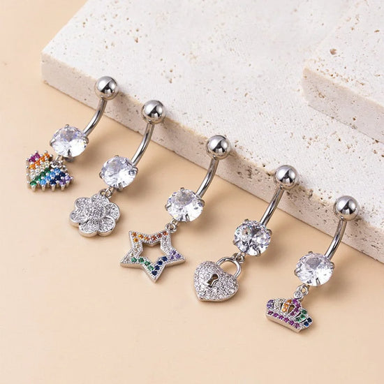 14G Surgical Steel Dangle Navel Ring, Heart Belly Button Ring