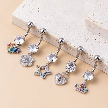 14G Surgical Steel Dangle Navel Ring, Heart Belly Button Ring