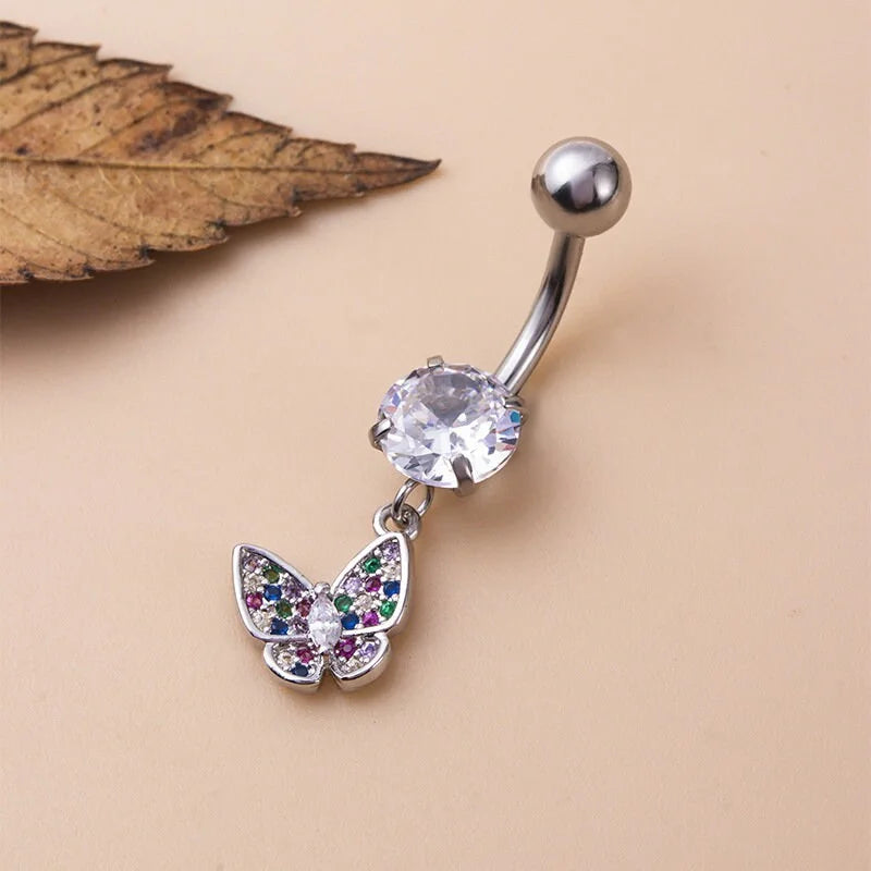 14G Navel Ring, Butterfly Belly Piercing, Silver Belly Button Rings