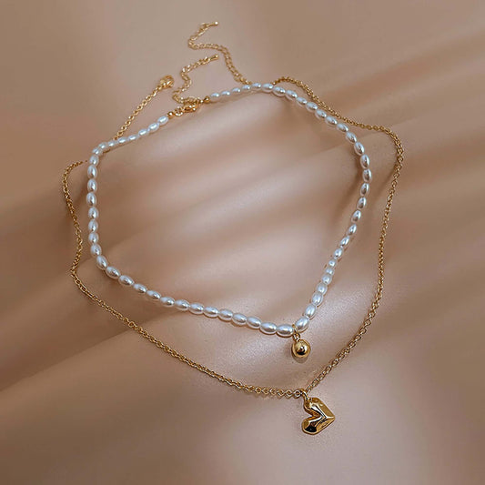 Heart Pearl Layer Beaded Necklace