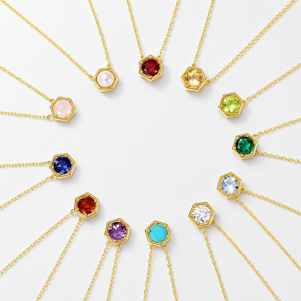 Hexagon Bezel Birth Month Gemstone Necklace