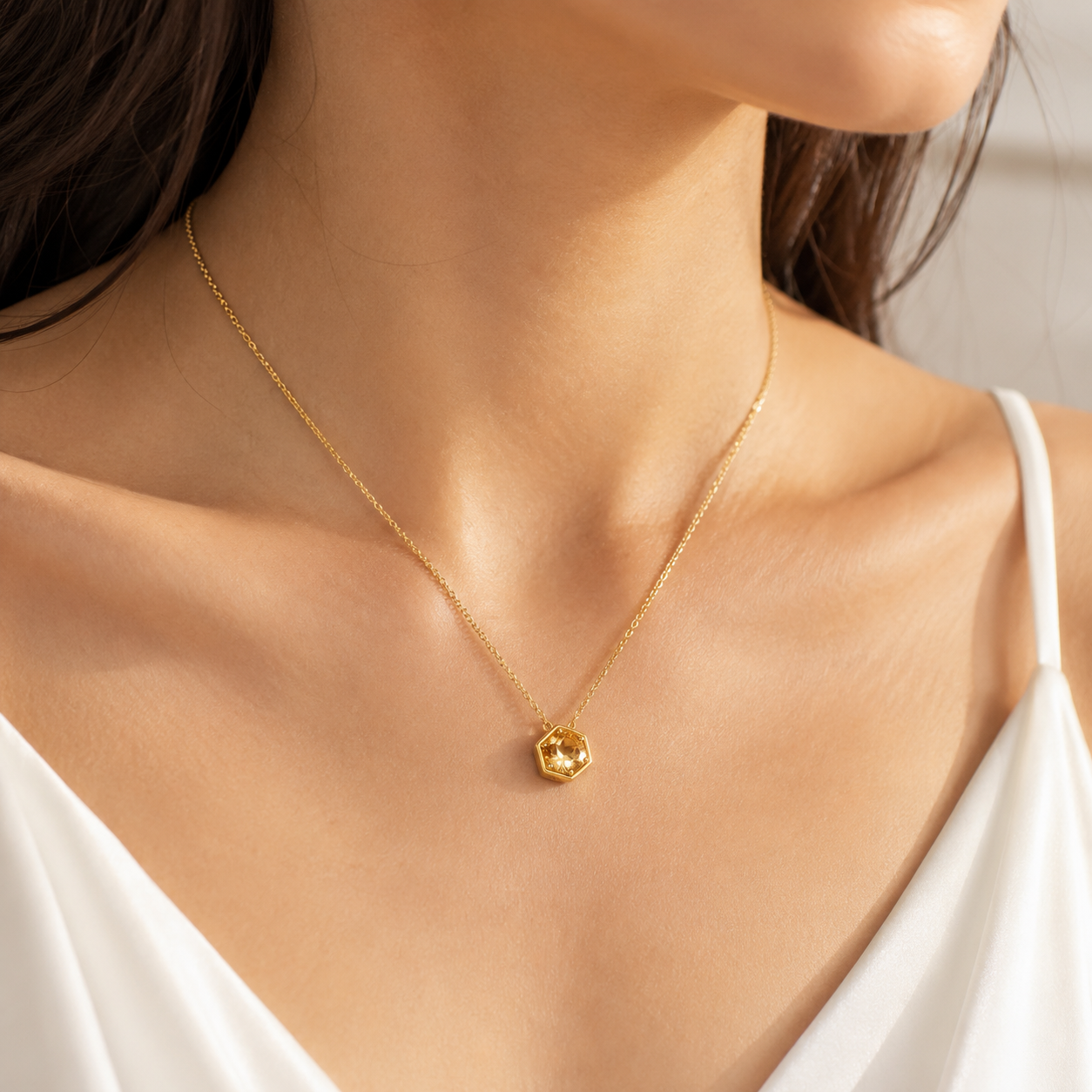 Hexagon Bezel September Birthstone  Necklace
