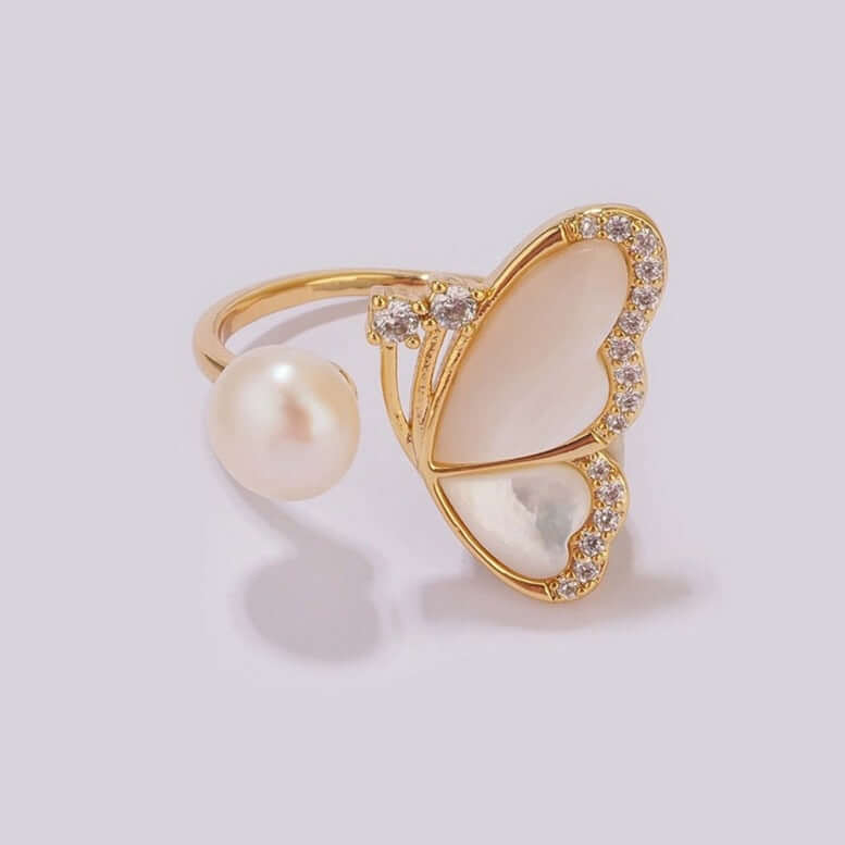 Fairy Butterfly Pearl Cocktail Rings