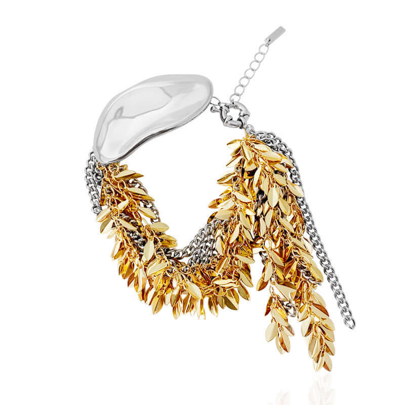 Exaggerate Metallic Two Tone Leaf Statement Bracelet