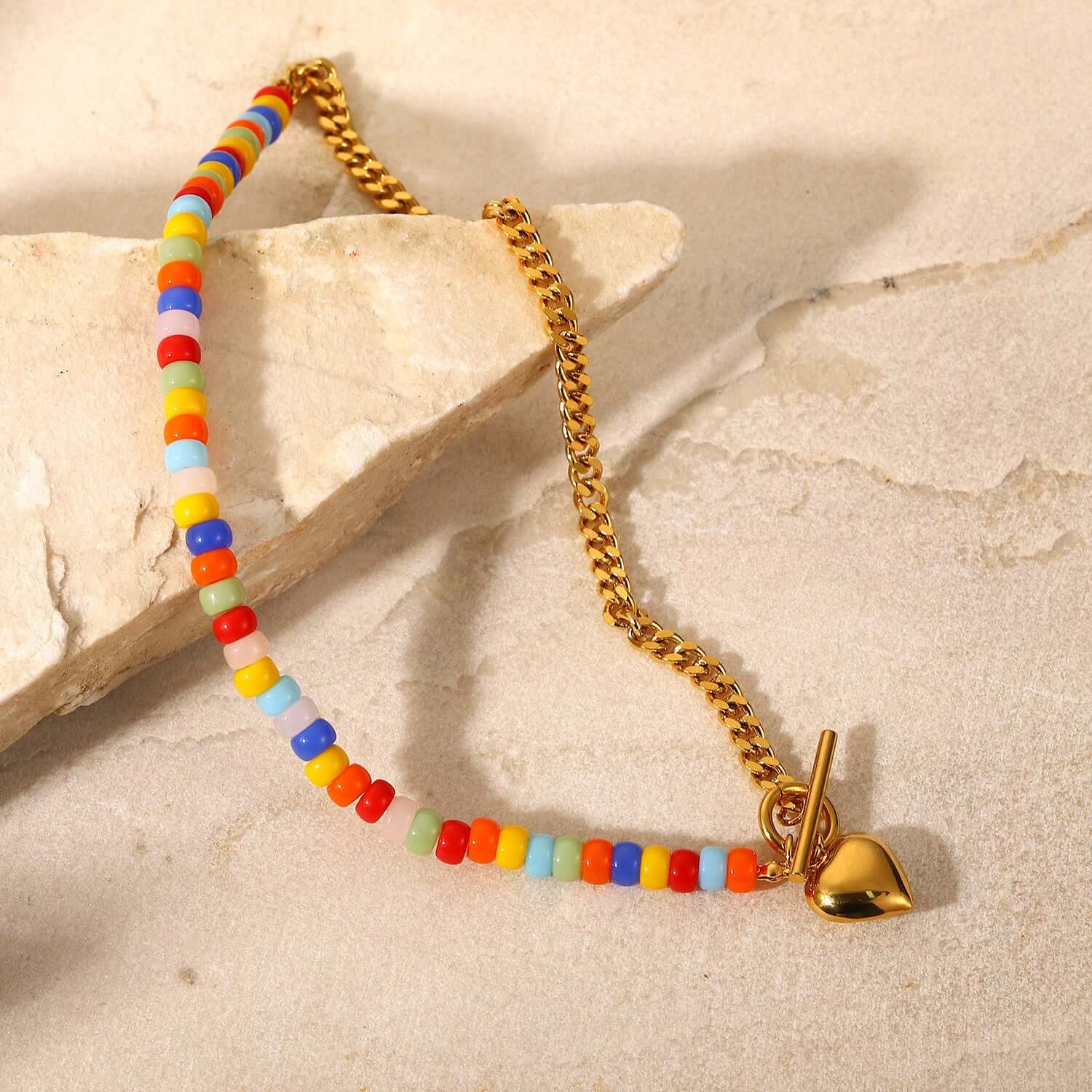 18K Gold Plated Heart Chain Necklace with Coloful Boho Ceramic Beads