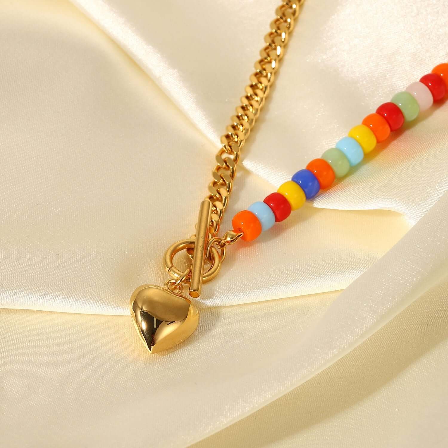 18K Gold Plated Heart Chain Necklace with Coloful Boho Ceramic Beads