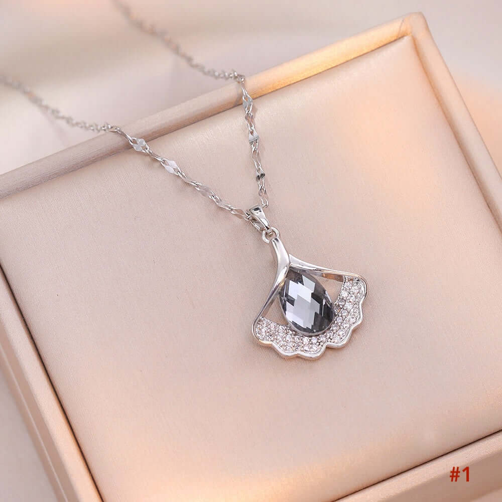 Titanium Minimalist Cat's Eye Stone Ginkgo Necklace