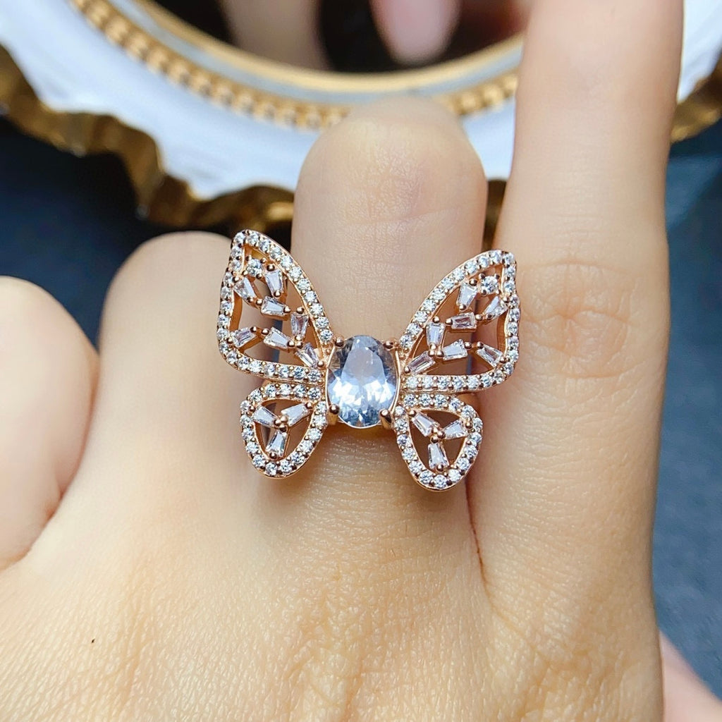 18K Gold Butterfly Aquamarine Crystal Ring