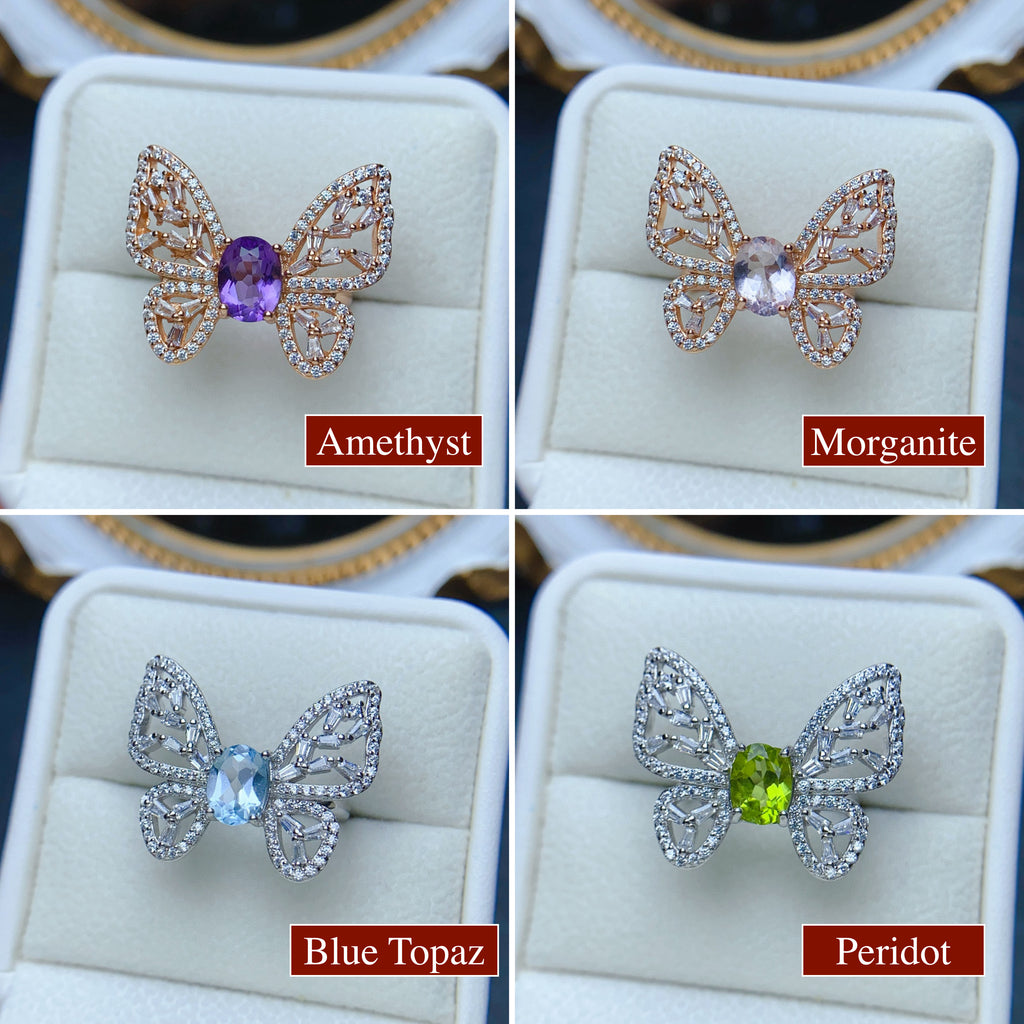 18K Gold Butterfly Aquamarine Crystal Ring