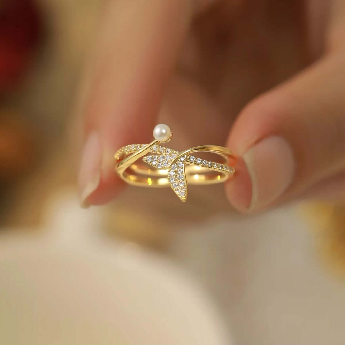 Gold Whale Tail Split Ring, Pearl Ring, Petite Mermaid Tail Women Ring