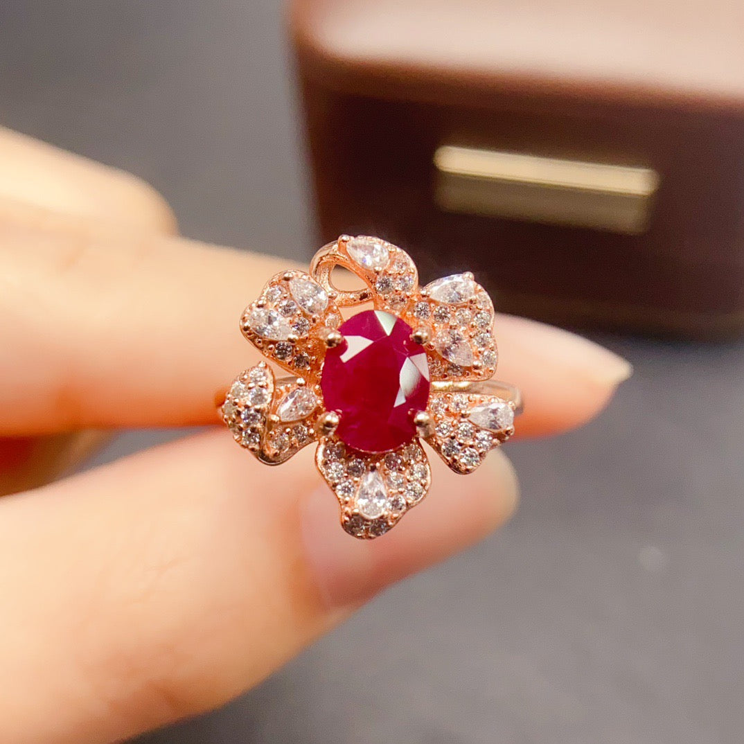Rose Gold Luxury Ruby Floral Ring