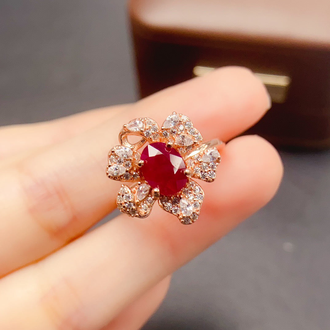Rose Gold Luxury Ruby Floral Ring