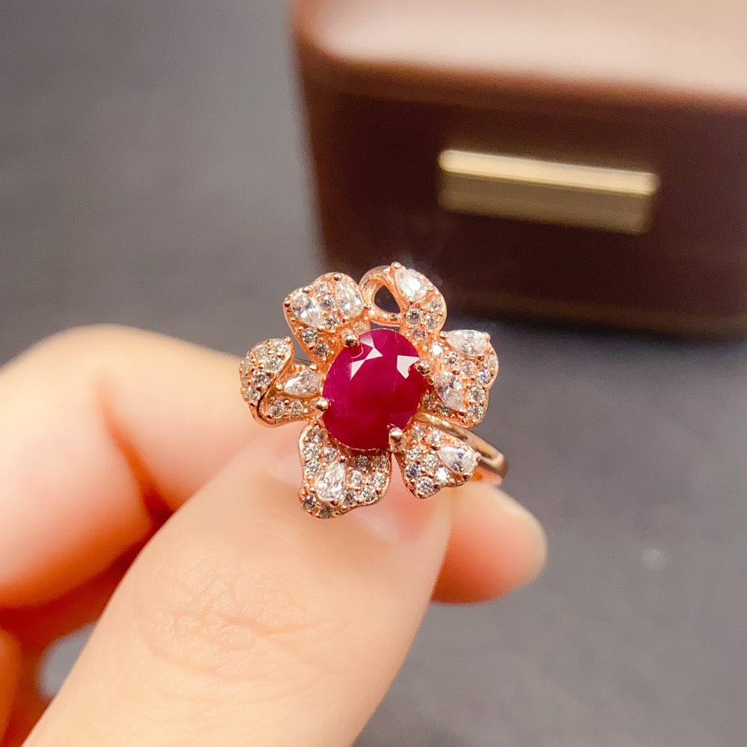 Rose Gold Luxury Ruby Floral Ring