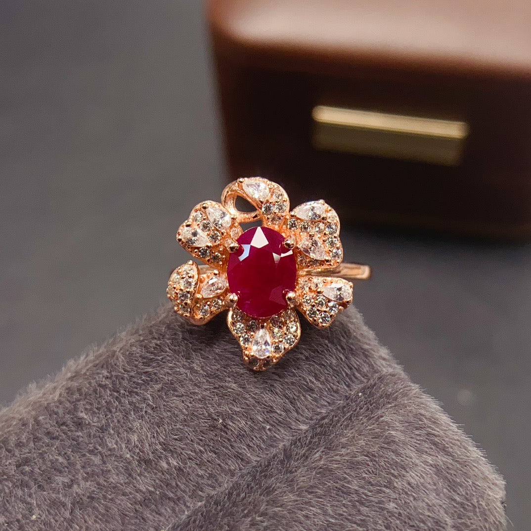 Rose Gold Luxury Ruby Floral Ring