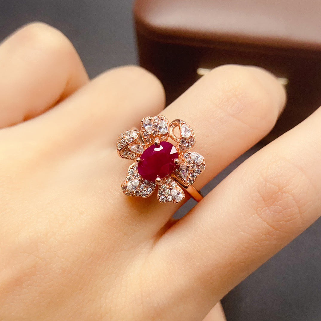 Rose Gold Luxury Ruby Floral Ring