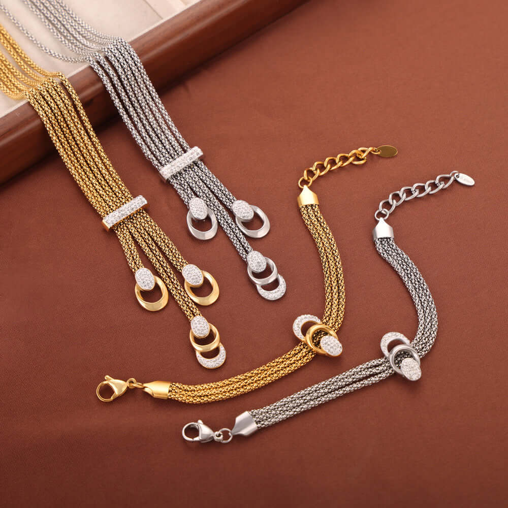 18K Gold & Silver Mesh Waterfall Tassel Necklace Bracelet Set