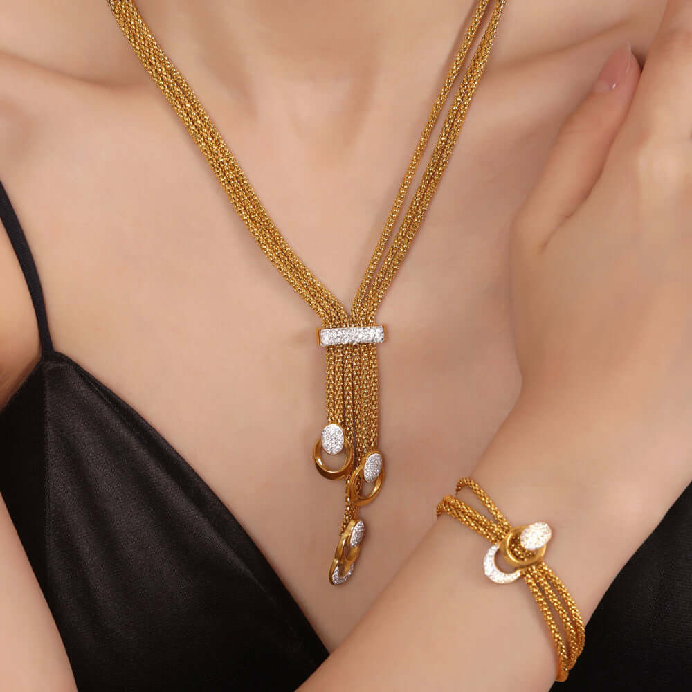 18K Gold Mesh Waterfall Tassel Necklace Bracelet Set