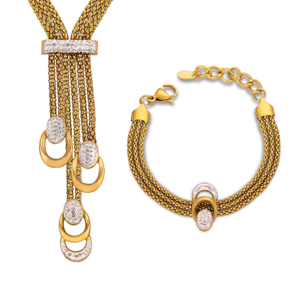 18K Gold Mesh Waterfall Tassel Necklace Bracelet Set