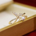 Gold Whale Tail Split Ring, Pearl Ring, Petite Mermaid Tail Women Ring