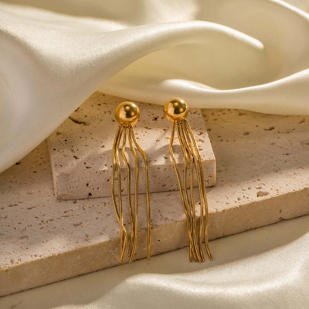 18K Gold Plated Titanium Bead Tassel Dangle Earrings | JDE001