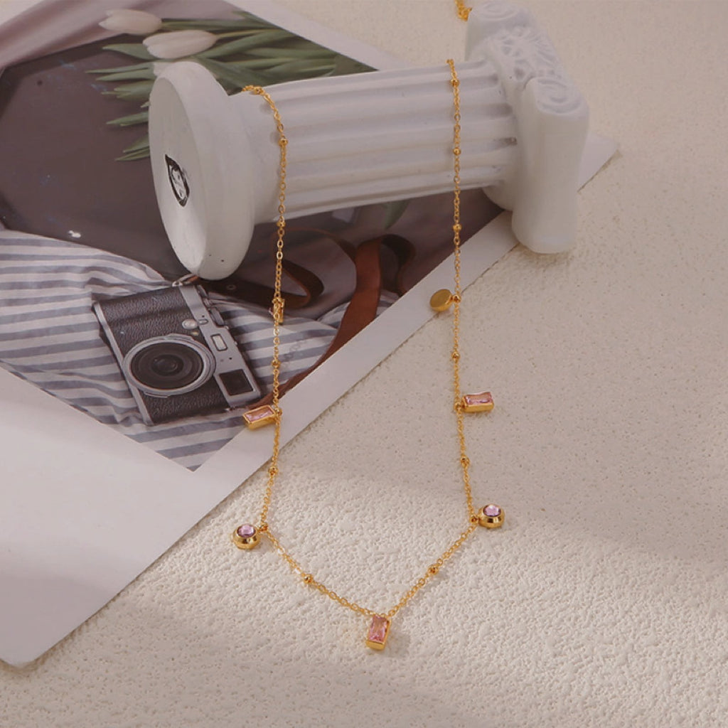 18K Gold Plated Baguette Charm Necklace Pink Bracelet Set | JDN434