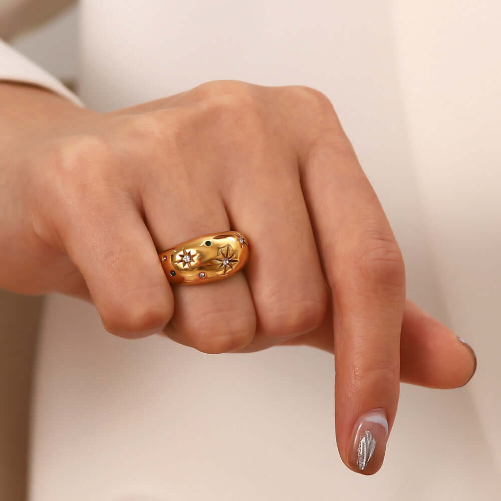 18K Gold Star Dome Ring, Gold Twist Ring, Star Ring, Thick Ring